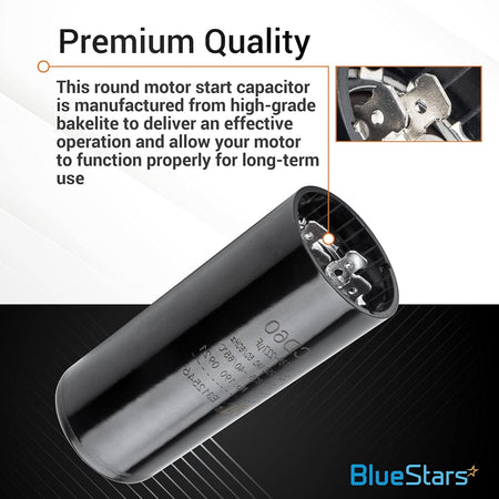 Round motor start capacitor 189-227 uF 220-250 VAC with close-up view of electrical terminals.