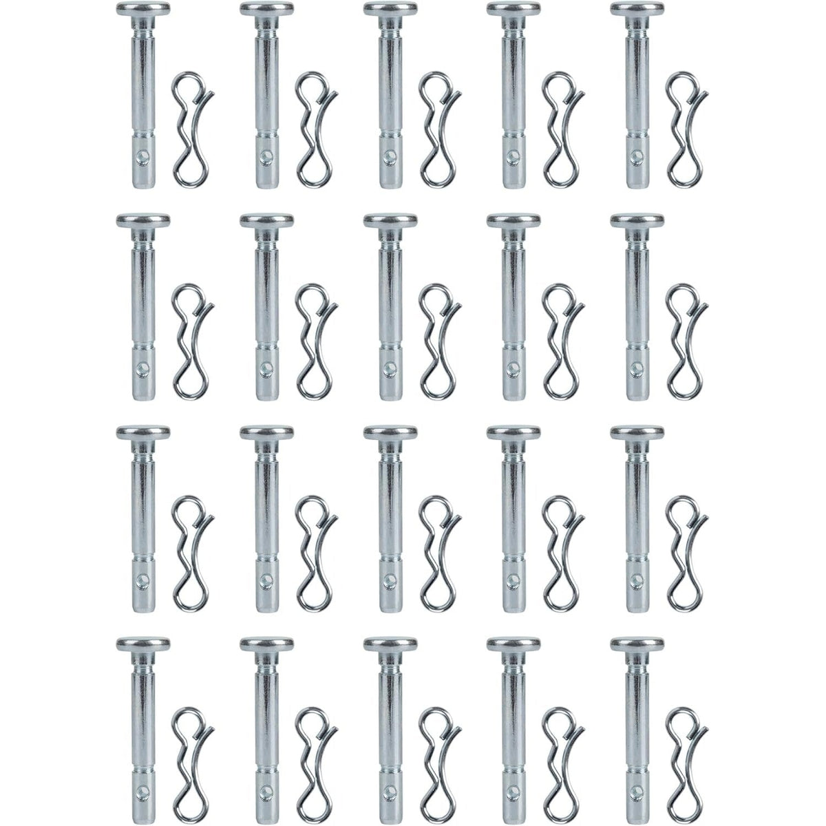 Set of 20 shear pins 738-04124A and 20 cotter pins 714-04040 arranged in rows.