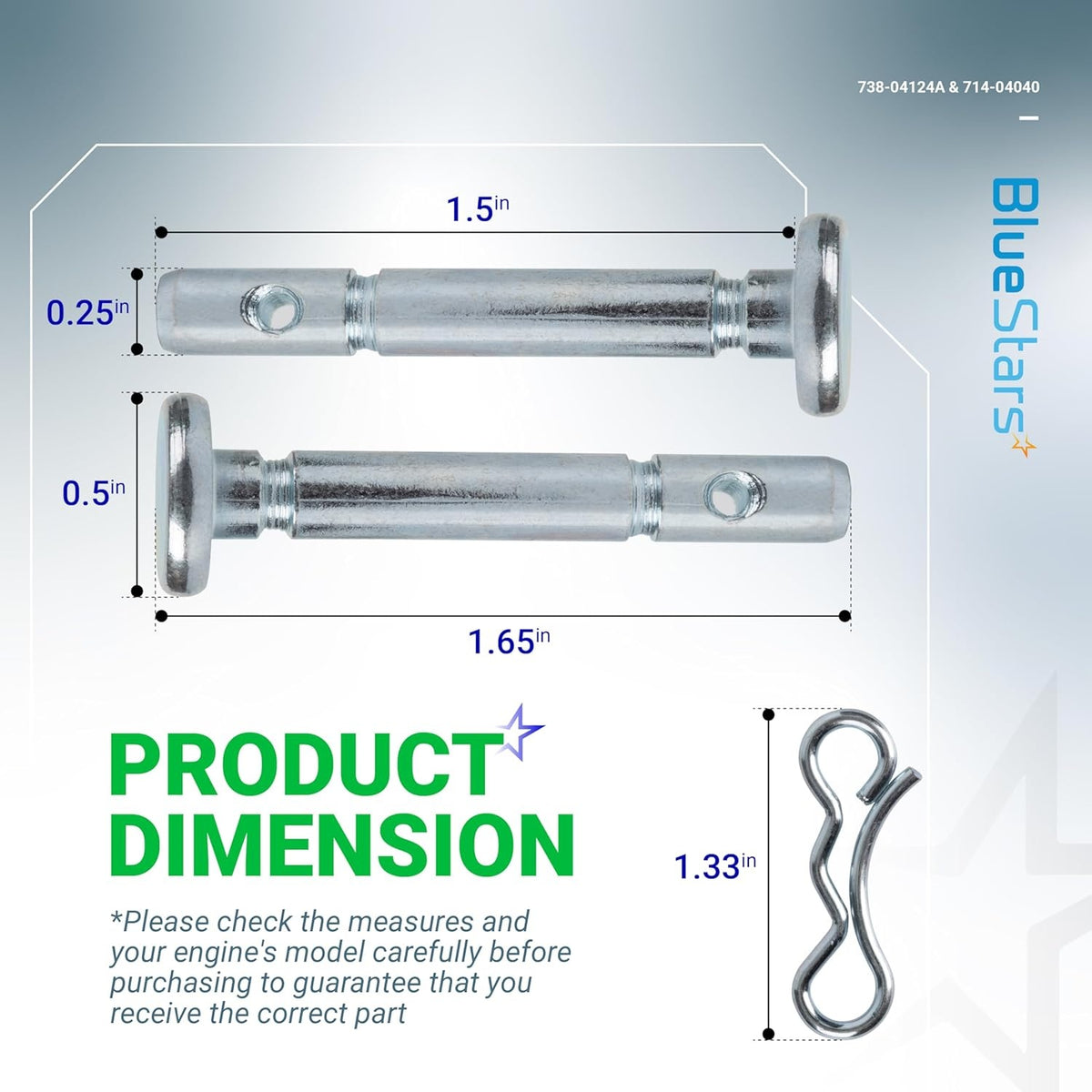 Dimensional diagram showing 738-04124A shear pins and 714-04040 cotter pin with measurements in inches.