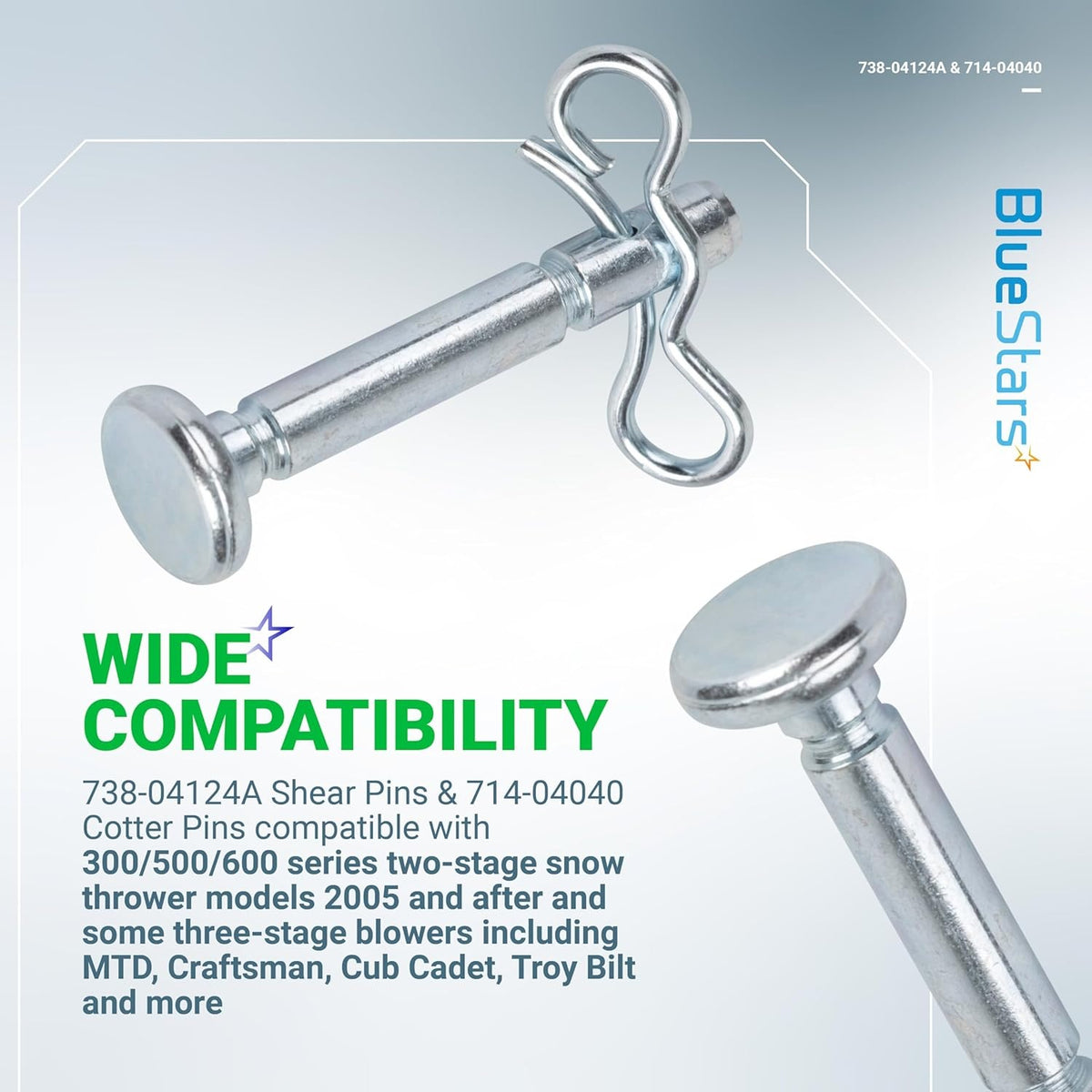 738-04124A shear pin and 714-04040 cotter pin assembly for snow throwers.