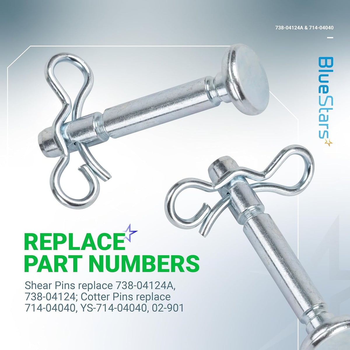 Two 738-04124A shear pins with 714-04040 cotter pins installed, shown on a promotional product information graphic.