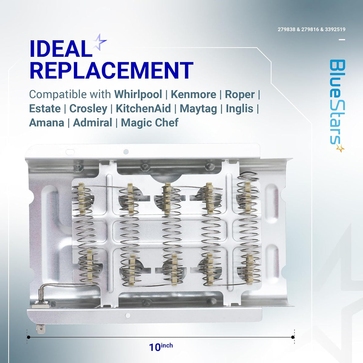 Replacement dryer heating element assembly for Whirlpool, Kenmore, and Maytag dryers.