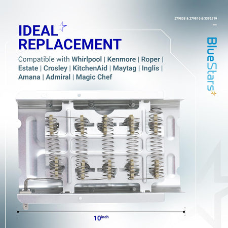Replacement dryer heating element assembly for Whirlpool, Kenmore, and Maytag dryers.