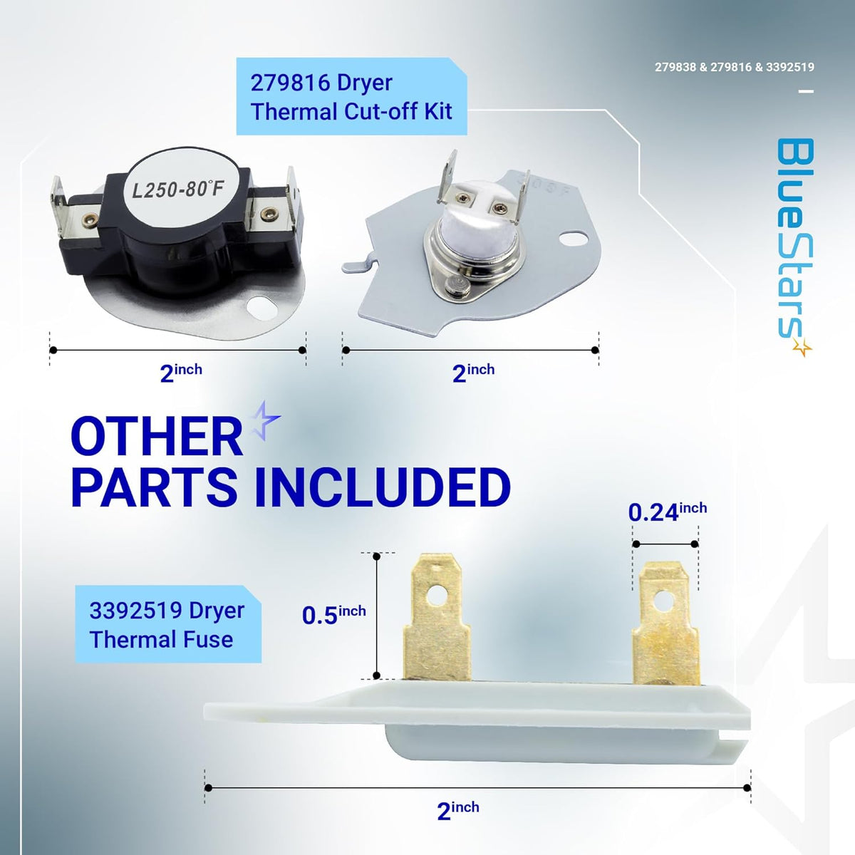 279816 Dryer Thermal Cut-off Kit and 3392519 Thermal Fuse for Whirlpool, Kenmore, and Maytag dryers.