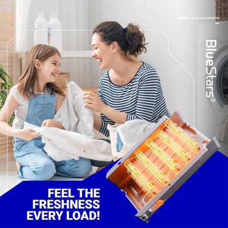Dryer heating element kit for Whirlpool, Kenmore, and Maytag dryers shown in a lifestyle marketing graphic.