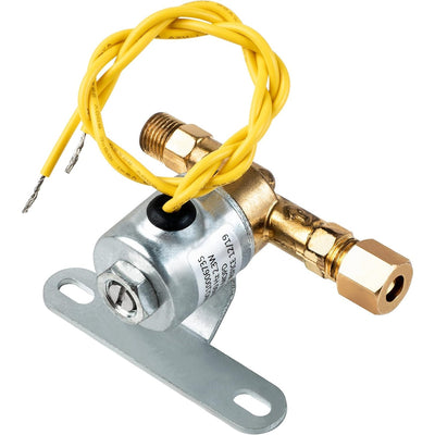 4040 humidifier 24V solenoid water valve with brass fittings and yellow lead wires on a mounting bracket.