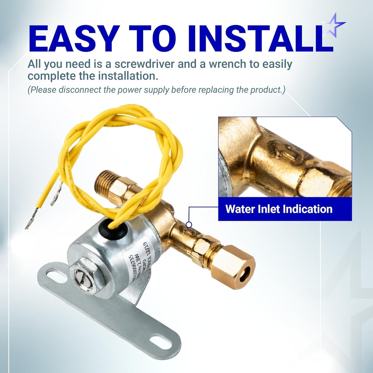 4040 humidifier solenoid water valve with close-up view of the water inlet indication arrow.