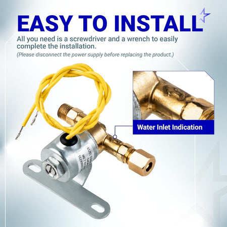 4040 humidifier solenoid water valve with close-up view of the water inlet indication arrow.