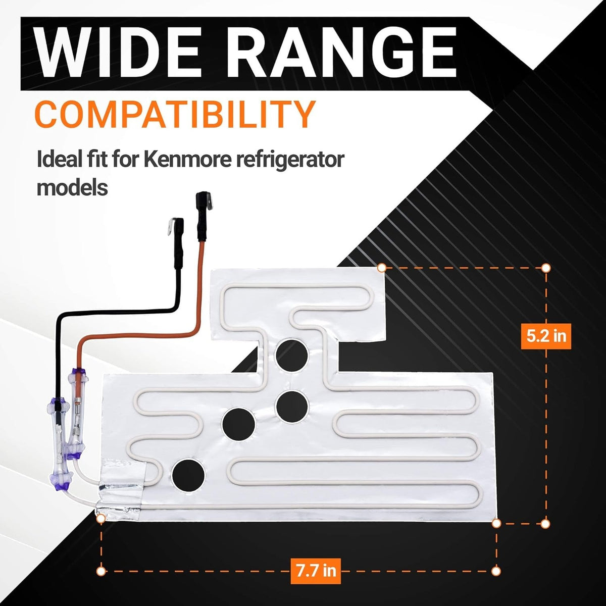 5303918301 refrigerator garage heater kit showing dimensions of 7.7 inches by 5.2 inches for Kenmore compatibility.
