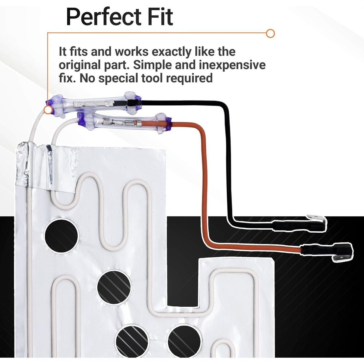 5303918301 refrigerator garage heater kit showing wiring connections and heating element with perfect fit text overlay.
