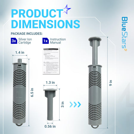 BlueStars silver ion spa cartridge dimensions infographic showing product size and included instruction manual.