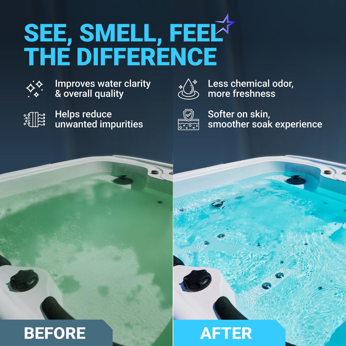 Before and after comparison of hot tub water clarity and quality improvement.
