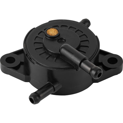Black plastic fuel pump for Kawasaki FS, FR, and FX series engines with two inlet and outlet hose ports.