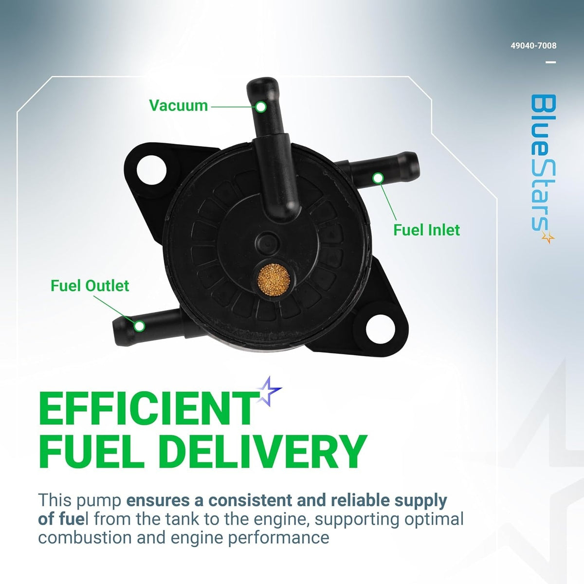Diagram of 49040-7008 fuel pump showing vacuum, fuel inlet, and fuel outlet ports for Kawasaki engines.