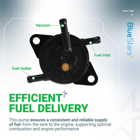 Diagram of 49040-7008 fuel pump showing vacuum, fuel inlet, and fuel outlet ports for Kawasaki engines.