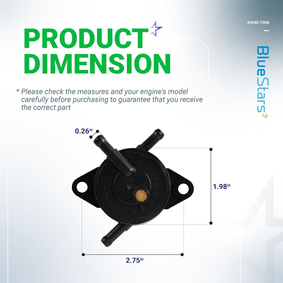 Dimensional diagram of 49040-7008 fuel pump showing width and height measurements for Kawasaki engine compatibility.