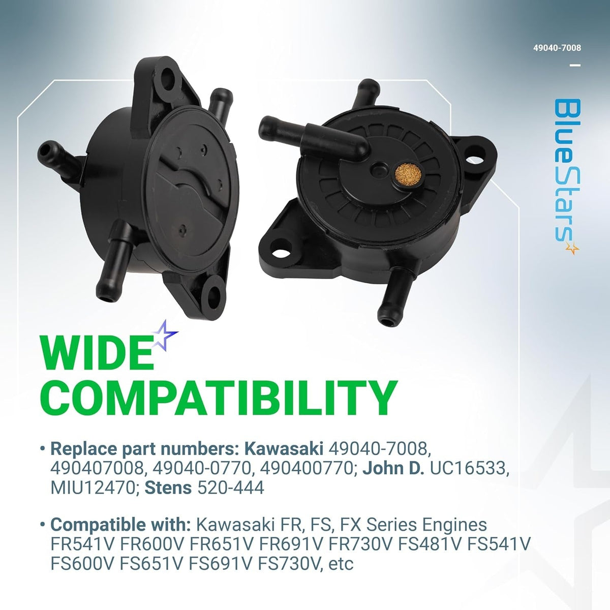 Two black fuel pump units for Kawasaki FR, FS, and FX series engines, showing front and back views.
