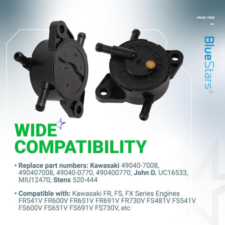 Two black fuel pump units for Kawasaki FR, FS, and FX series engines, showing front and back views.