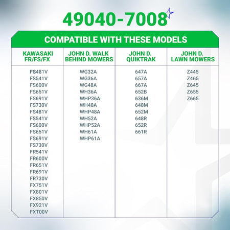 Compatibility chart for 49040-7008 fuel pump listing Kawasaki and John Deere engine and mower model numbers.