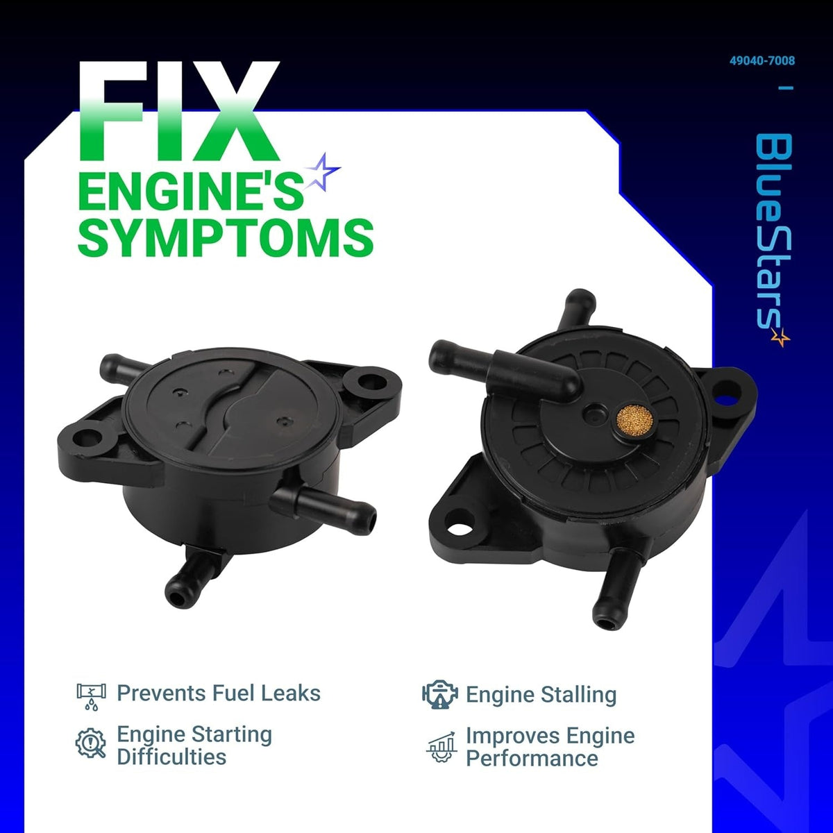 Two views of the 49040-7008 fuel pump for Kawasaki FS, FR, and FX series engines.