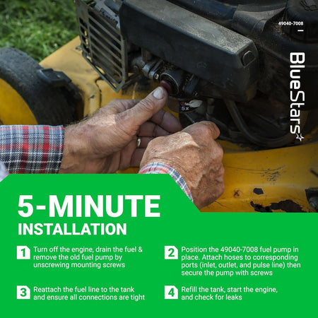 Installation guide for 49040-7008 fuel pump on a Kawasaki engine showing step-by-step replacement instructions.