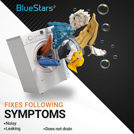 Graphic showing Samsung and Whirlpool washer symptoms fixed by DC31-00178A drain pump motor including noise and leaking.
