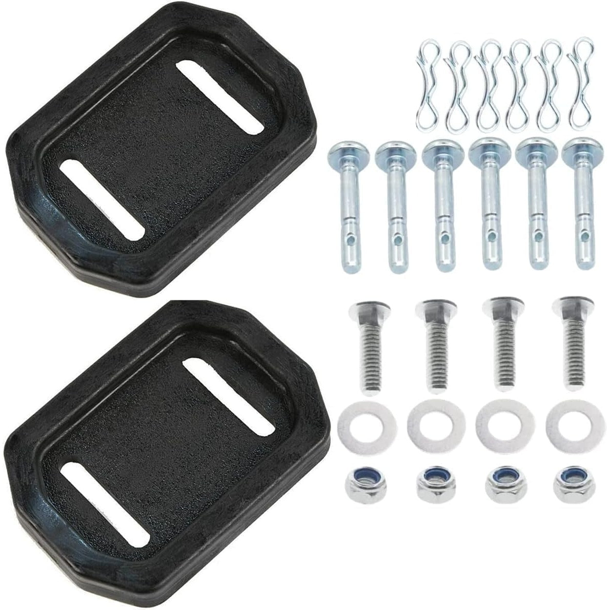 Two 731-06439 snowblower skid shoes with included mounting hardware, bolts, washers, nuts, and cotter pins.