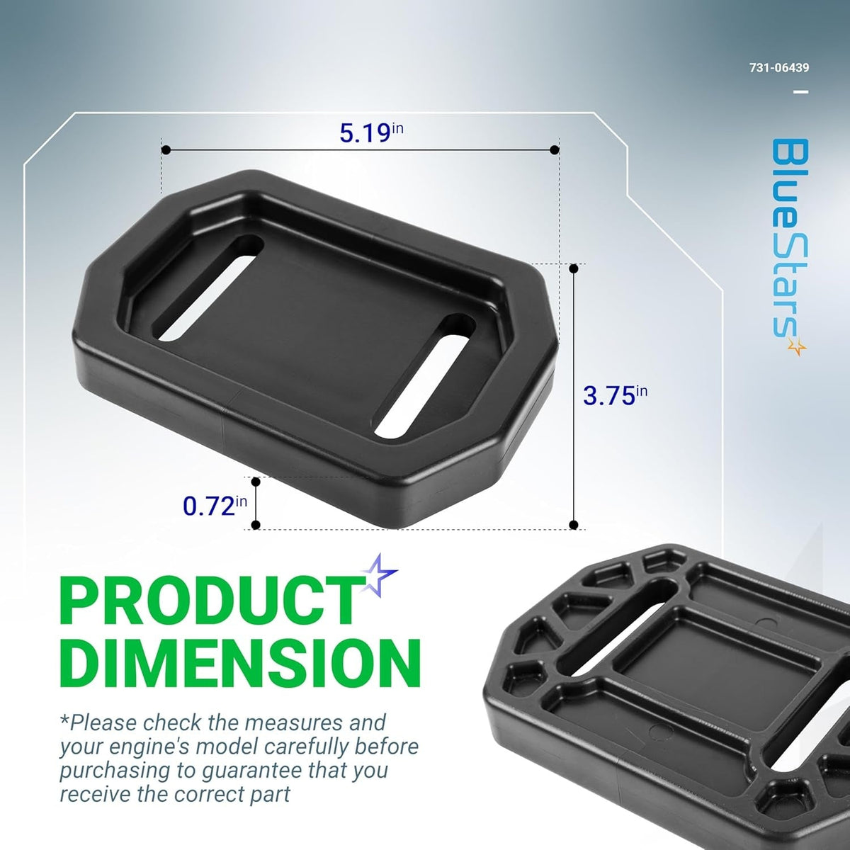 731-06439 snowblower skid shoe showing product dimensions of 5.19 inches by 3.75 inches by 0.72 inches.