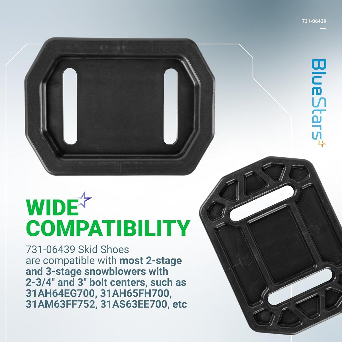 Two black 731-06439 snowblower skid shoes shown from top and bottom angles.