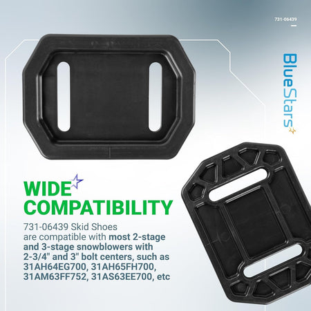 Two black 731-06439 snowblower skid shoes shown from top and bottom angles.