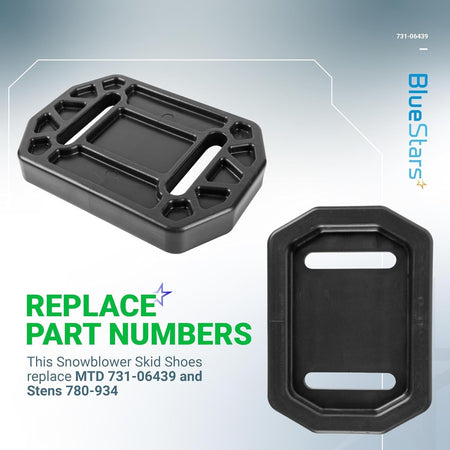 Two black plastic 731-06439 snowblower skid shoes shown from top and angled perspectives.