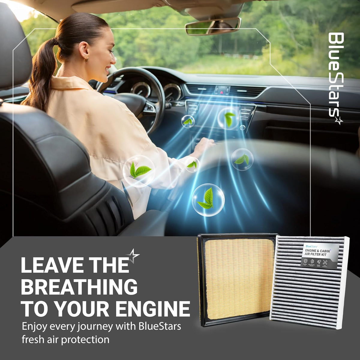16546AA150 Engine & Cabin Air Filter Kit shown with two filters, car interior, and fresh-air graphic
