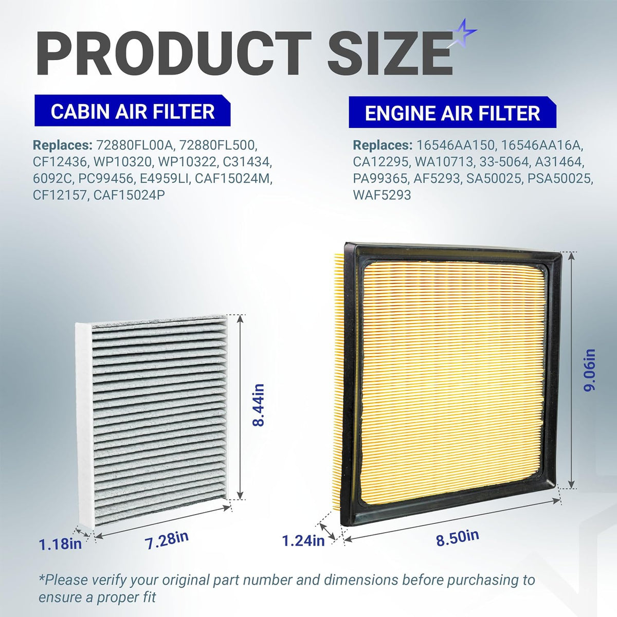 16546AA150 Engine & Cabin Air Filter Kit, product size diagram showing cabin and engine filter dimensions