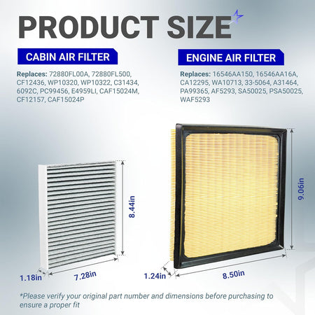 16546AA150 Engine & Cabin Air Filter Kit, product size diagram showing cabin and engine filter dimensions