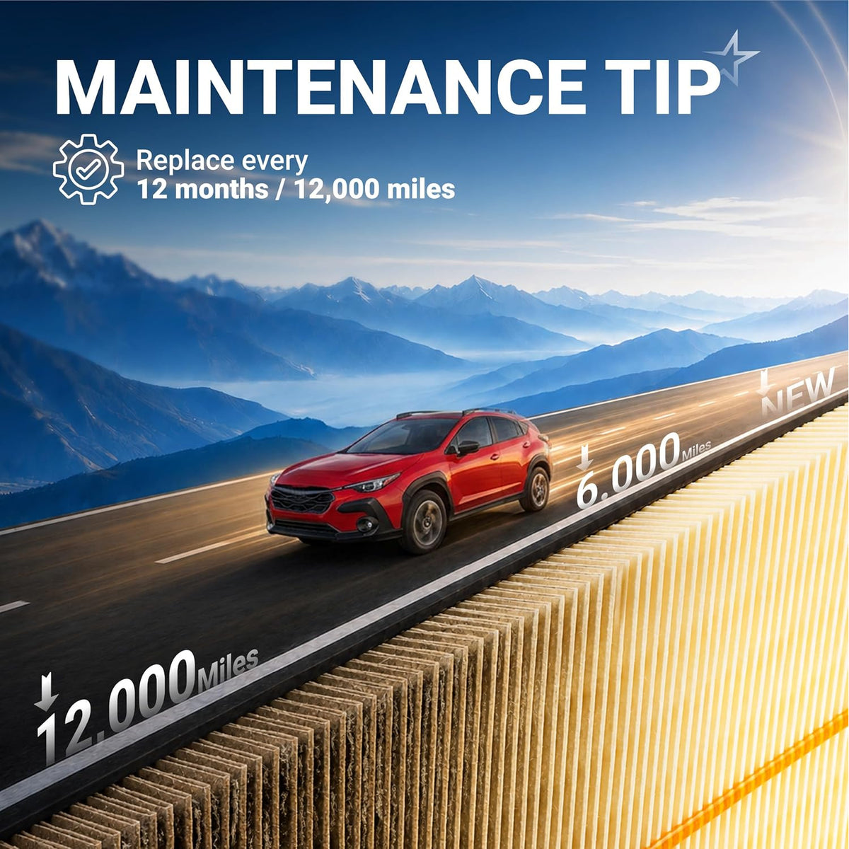 16546AA150 Engine & Cabin Air Filter Kit for Subaru 2017-2025, maintenance tip graphic showing 12-month/12,000-mile replaceme
