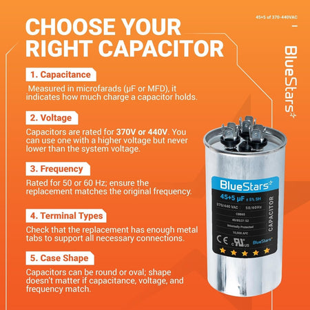 BlueStars 45+5 uF 370/440 VAC round dual run capacitor informational guide and product specifications.