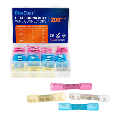 200-piece heat shrink butt wire connector kit in a storage organizer box with assorted color-coded AWG sizes.
