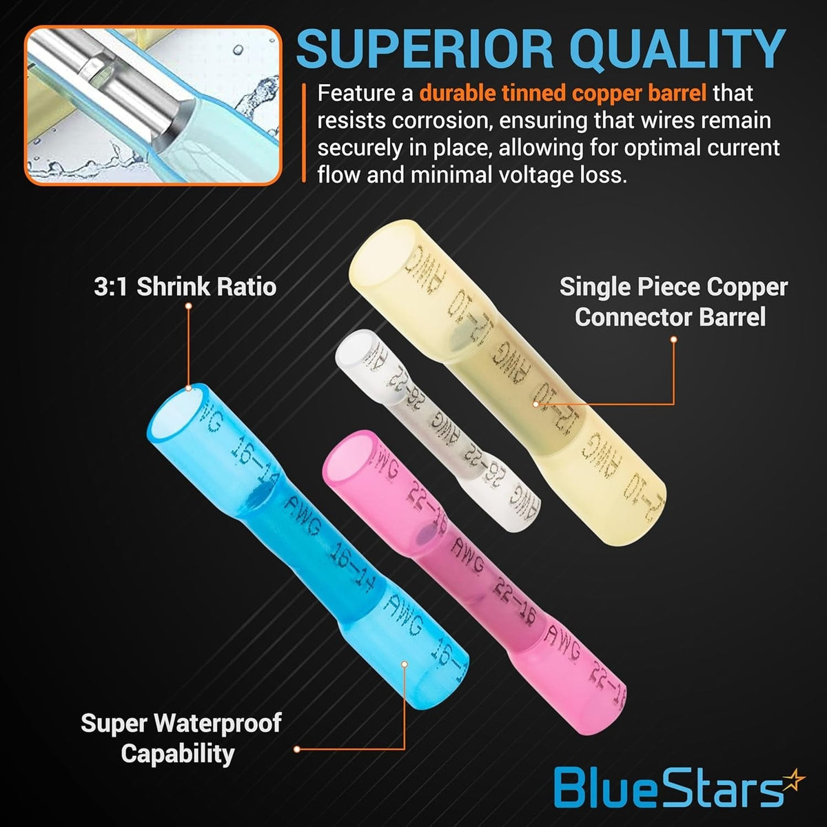 Infographic showing color-coded heat shrink butt wire connectors with copper barrels and 3:1 shrink ratio.