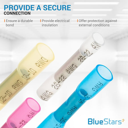 Assorted colored heat shrink butt wire connectors showing AWG gauge labels for secure electrical insulation.
