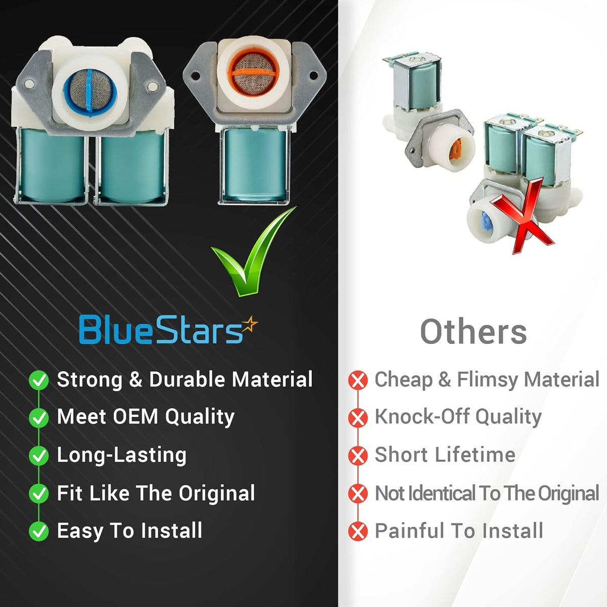 Comparison chart showing BlueStars OEM quality washer water inlet valves versus generic alternatives.