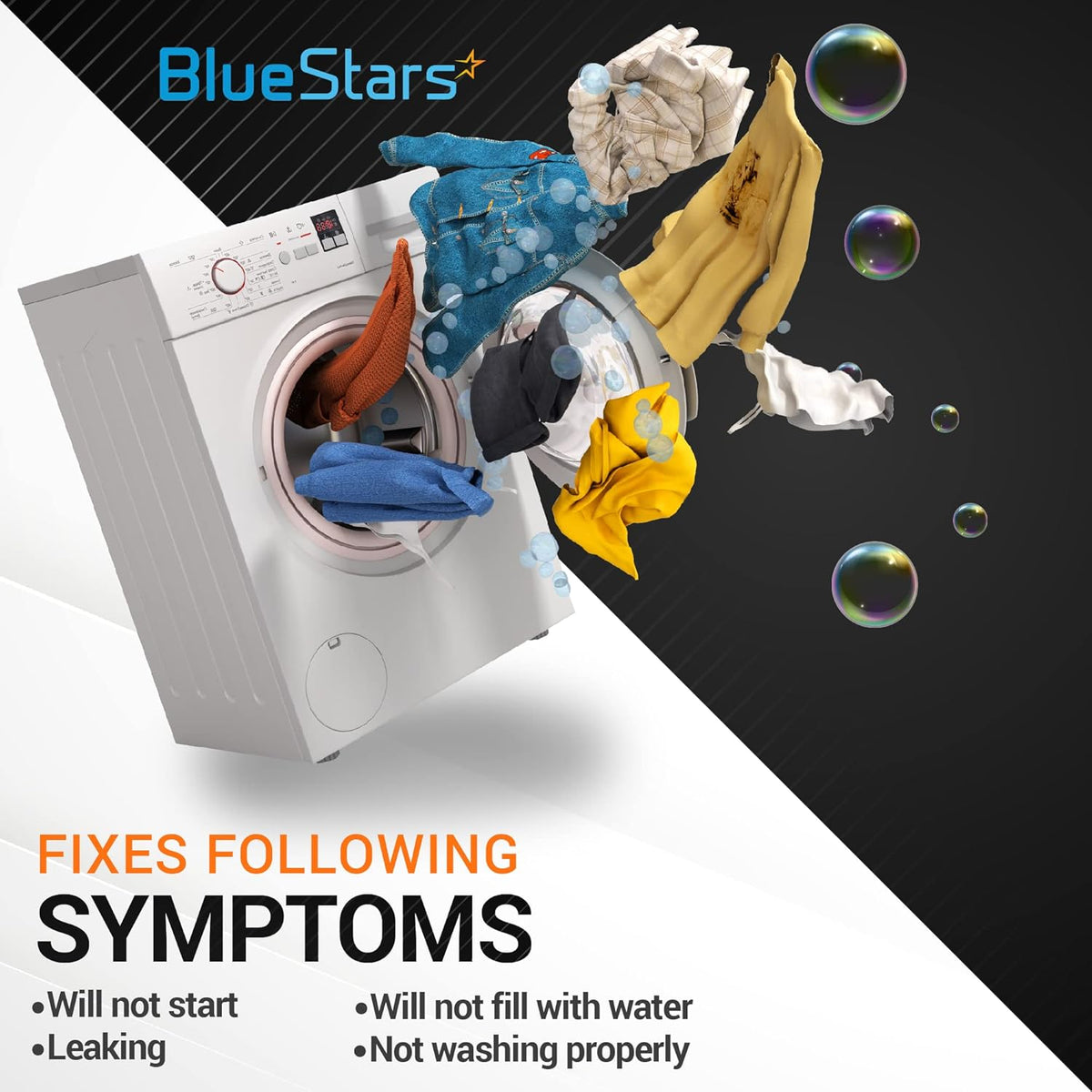 BlueStars washer water inlet valve replacement infographic showing common washing machine repair symptoms.