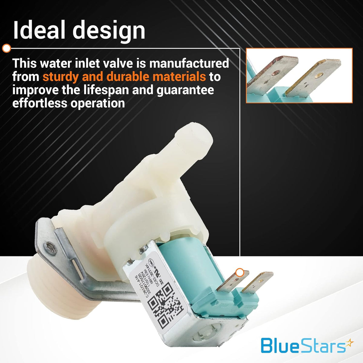 Replacement water inlet valve for Samsung and Kenmore washers with close-up of electrical terminals.