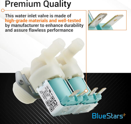Dual water inlet valve for Samsung and Kenmore washers with close-up of electrical terminals.