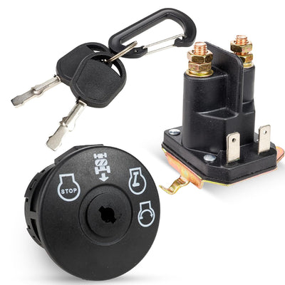 532193350 Ignition Switch and 725-06153A Starter Solenoid, switch, two keys, and solenoid shown
