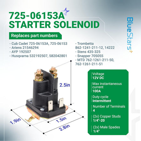 725-06153A Starter Solenoid shown with dimensions, terminal layout, and electrical specifications diagram
