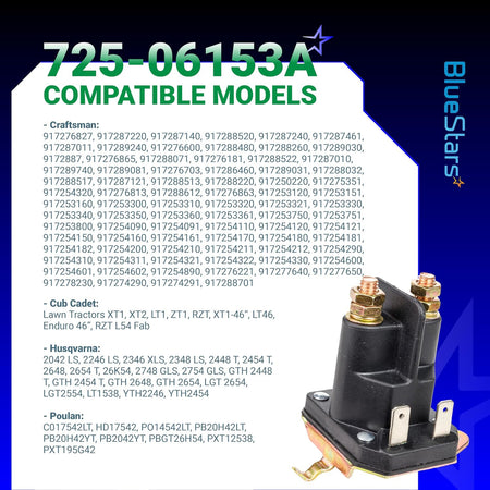 725-06153A Starter Solenoid compatibility chart with solenoid and Craftsman, Cub Cadet, Husqvarna, and Poulan models