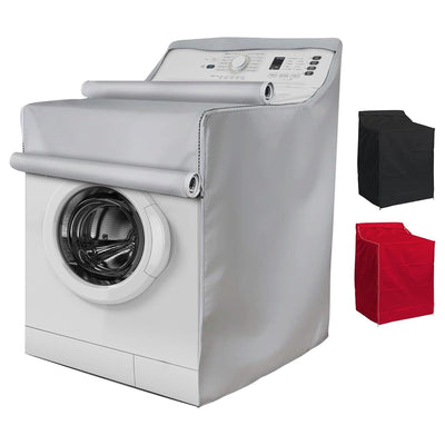 Silver premium outdoor washing machine cover installed on a front-load washer with rolled-up front panel.