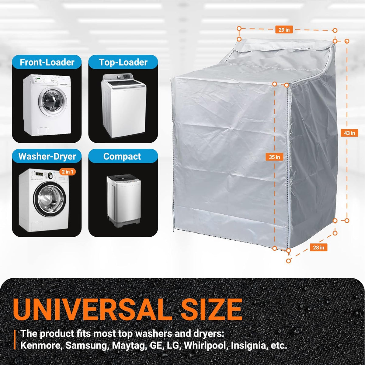 Silver washing machine cover showing dimensions and compatibility with front-load, top-load, and compact washer-dryers.