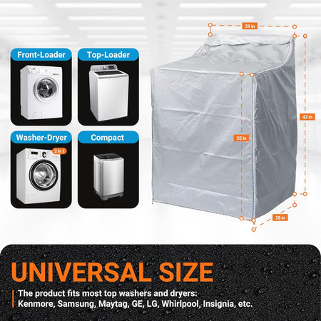 Silver washing machine cover showing dimensions and compatibility with front-load, top-load, and compact washer-dryers.