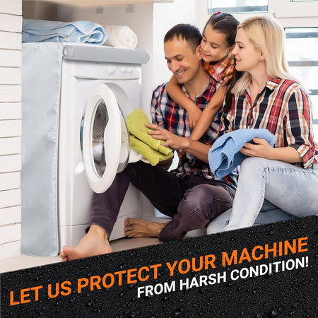 Family folding laundry next to a silver premium outdoor washing machine cover.